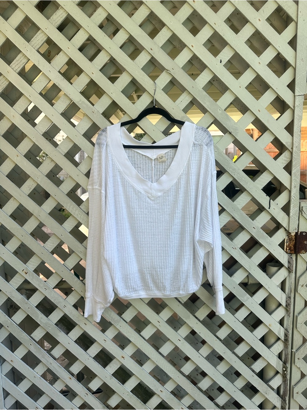 Free People White Waffle Knit V-Neck Long Sleeve Top